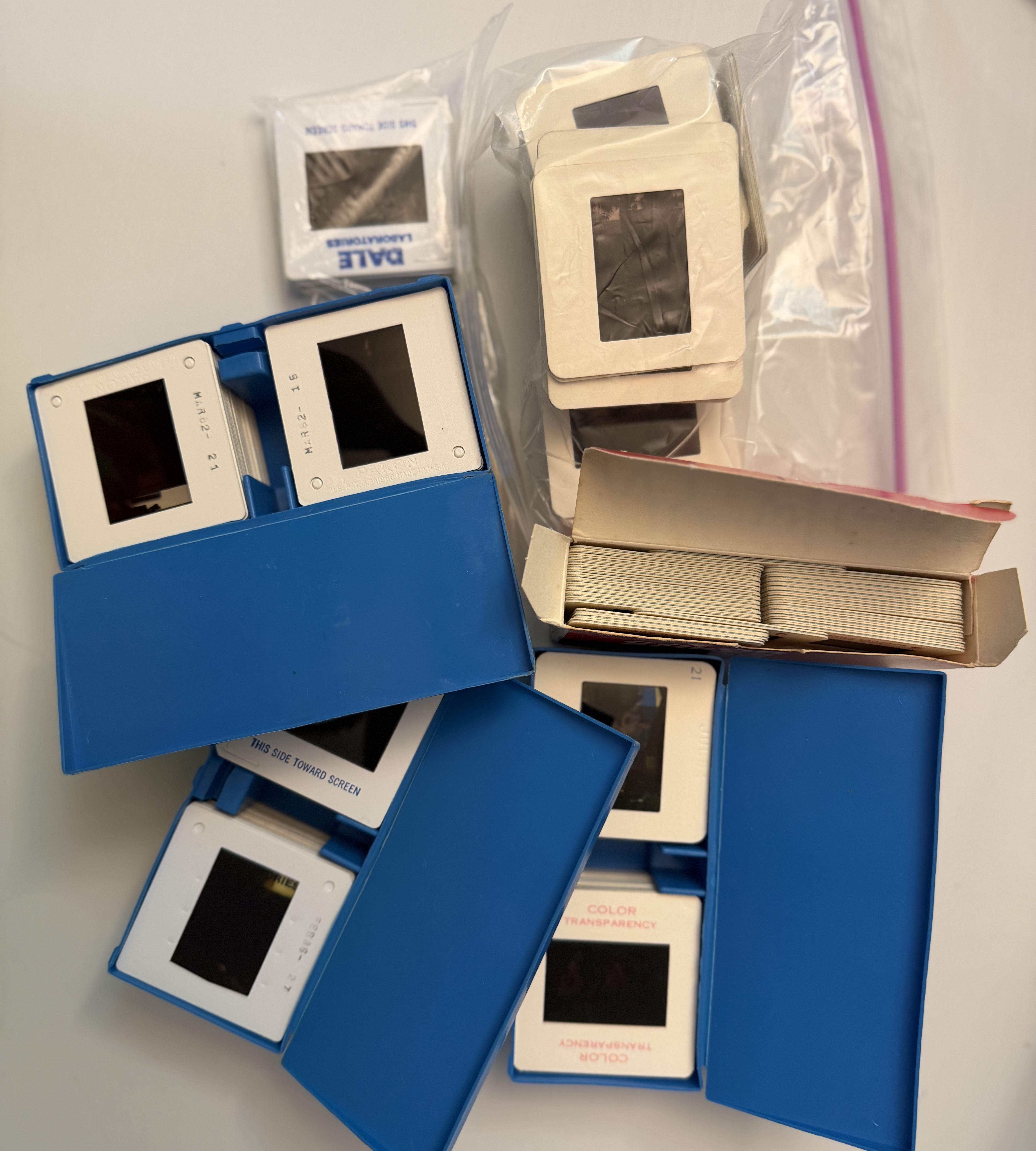 Collection of mounted color slides ready for digitizing